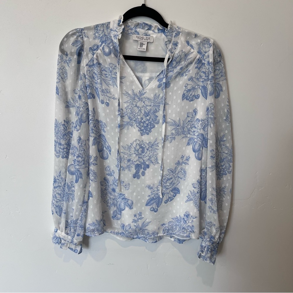 Rachel Zoe Floral Blue and White Long Sleeve Blouse Size XS Beachy Work Office